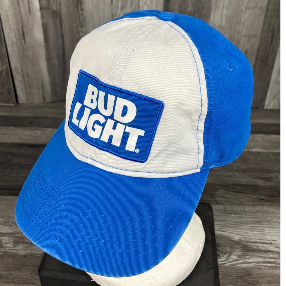 Bud Light Hat Blue White Adjustable Baseball Cap Beer Logo Patch Trucker Style